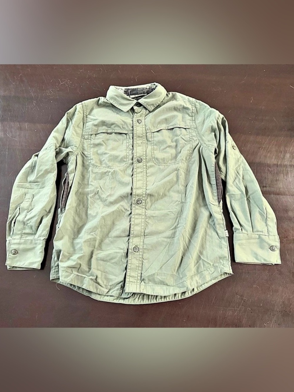 REI Long Sleeve Button Up Collared Nylon Shirt Army Green Youth Sz S 6/7 UPF 50